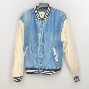 Vintage Two-Tone Denim Bomber Jacket with Cream Sleeves